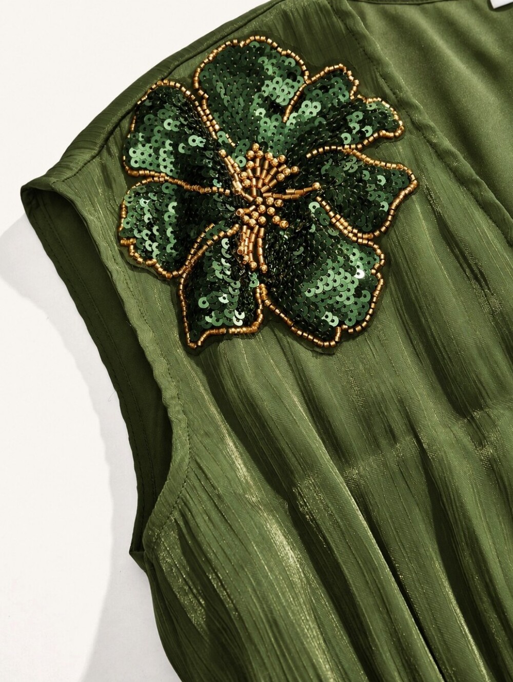 New Metallic Sequin Beaded 3D Flower Maxi Dress Ruched Waist Olive Green - Picture 9 of 15